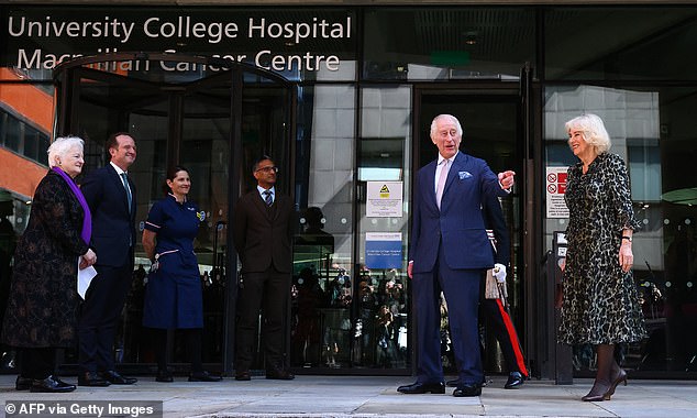 Charles and Camilla are pictured in front of the University College Hospital Macmillan Cancer Centre in London today