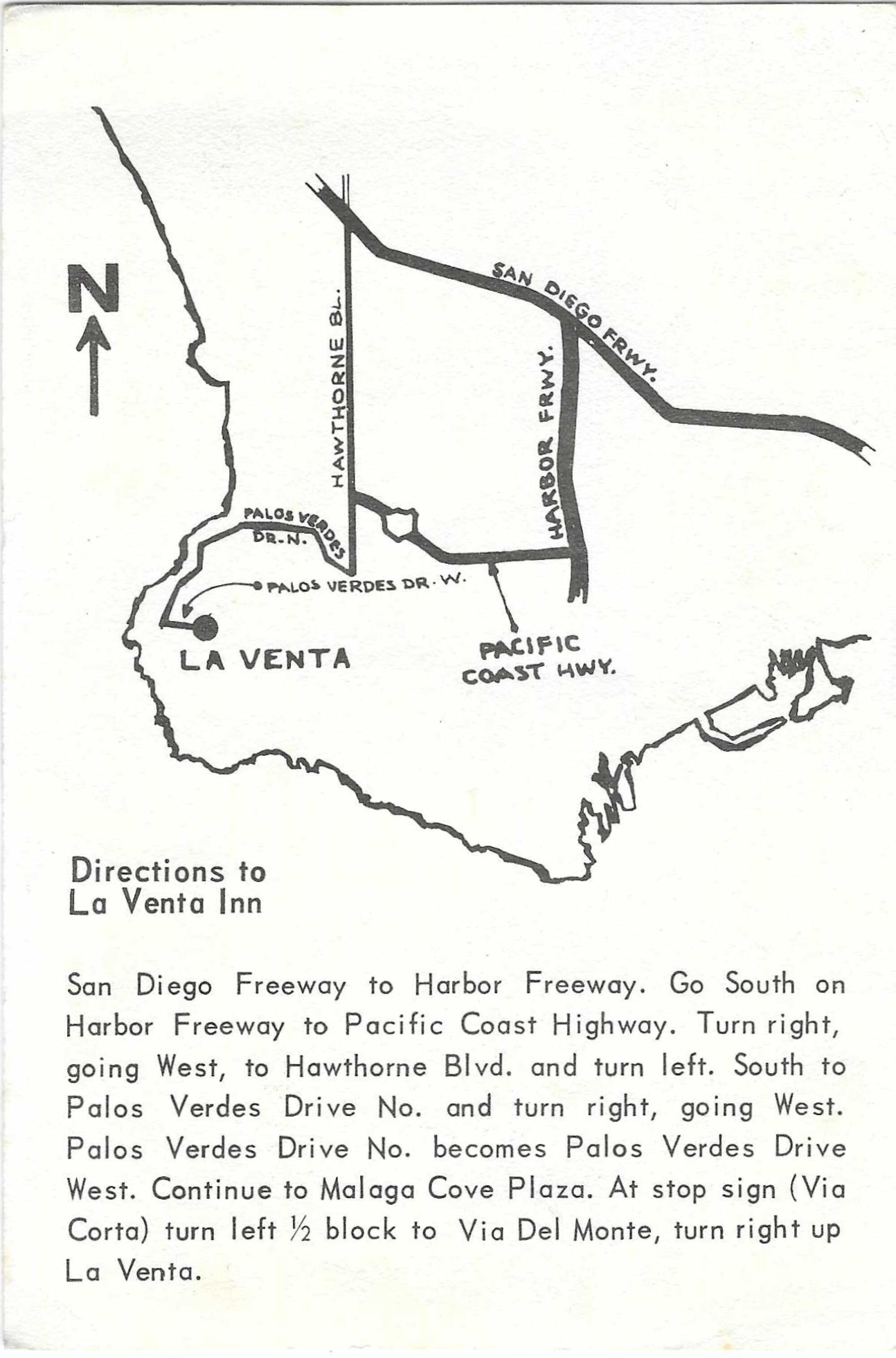 Karte der Halbinsel Palos Verdes, der Südbucht und des Hafengebiets, mit schriftlicher Wegbeschreibung zum La Venta Inn