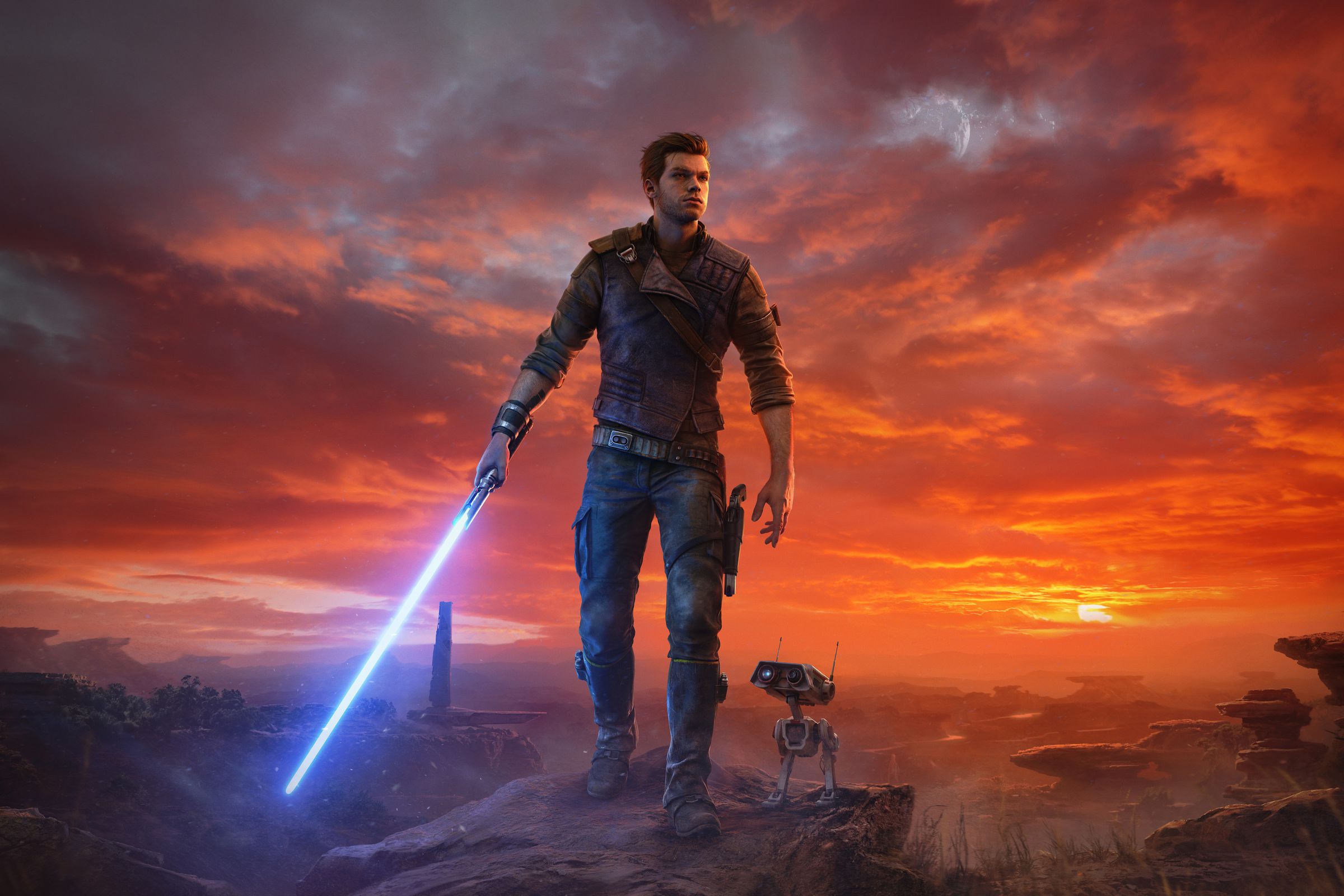 Das Cover für Star Wars Jedi: Survivor zeigt die Hauptfigur Cal Kestis und seinen Droiden BD-1 vor einer trostlosen Kulisse.