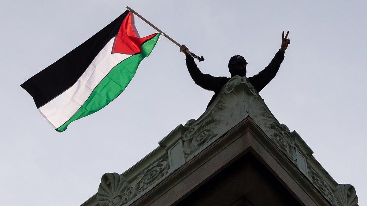 Ein pro-palästinensischer Demonstrant hält eine Flagge auf dem Dach der Hamilton Hall der Columbia University