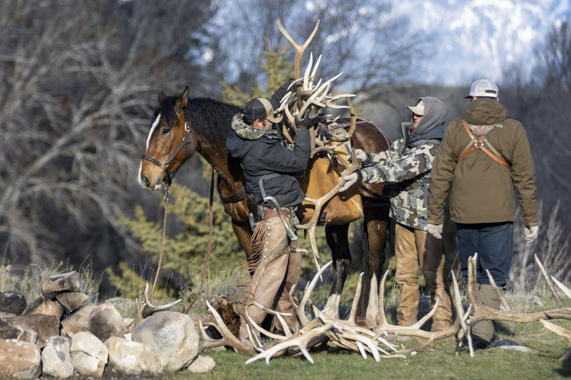 Schuppenjäger packen am Eröffnungstag der Schuppenjagdsaison in Wyoming ihre Beute aus.