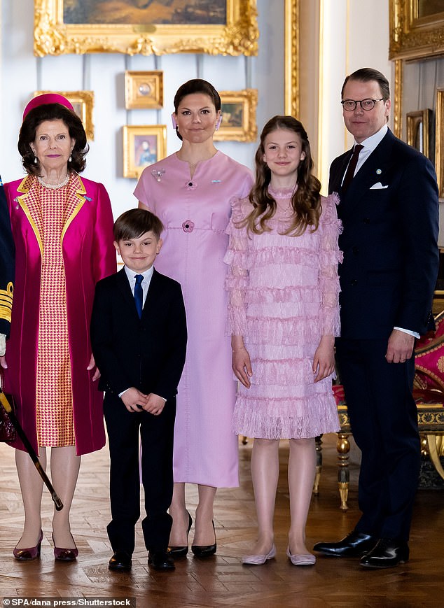 Attending the reception for the Danish royal couple, heir to the Swedish throne Victoria, 46, looked radiant in a pink frock. Her daughter, Estelle, 12, matched her mother in a blush dress from Malina