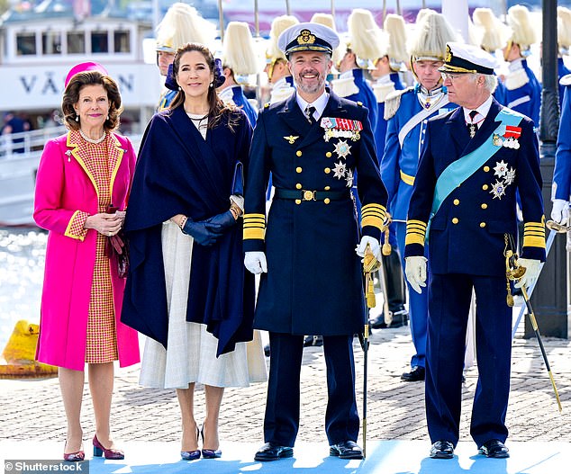 Queen Margrethe II's shock abdication came amid rumours of tension between her eldest son and his wife. Pictured,  Queen Silvia, Queen Mary, King Frederik and King Carl Gustaf