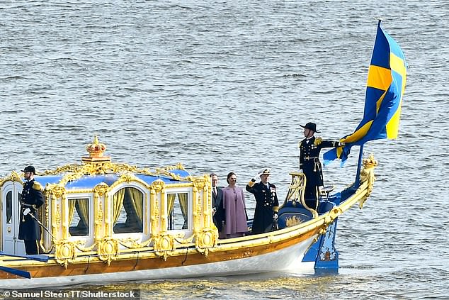 Denmark's King Frederik X, Queen Mary, Sweden's Crown Princess Victoria, and Prince Daniel on board the Royal Barge at Skeppsbron in Stockholm