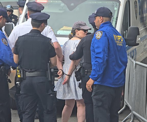 A pro-Palestinian protester is apprehended on-site even before the commencement of the Met Gala in New York City.  Pictured: GV,General view Ref: SPL10825123 060524 NON-EXCLUSIVE Picture by: Brian Prahl / SplashNews.com  Splash News and Pictures **USE CHILD PIXELATED IMAGES OR FOOTAGE IF YOUR TERRITORY REQUIRES IT** USA: 310-525-5808  UK: 020 8126 1009 eamteam@shutterstock.com  World Rights,