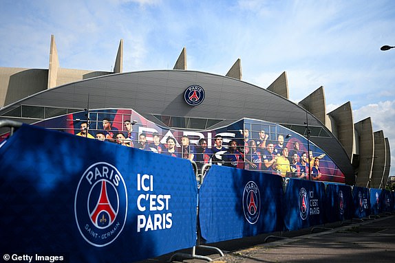 PARIS, FRANCE - MAY 07: A general view of the outside of the stadium, as a mural of players of Paris Saint-Germain can be seen, prior to the UEFA Champions League semi-final second leg match between Paris Saint-Germain and Borussia Dortmund at Parc des Princes on May 07, 2024 in Paris, France.  (Photo by Matthias Hangst/Getty Images)