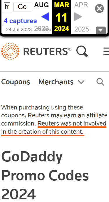 Screenshot des vorherigen Haftungsausschlusses von Reuters, der eine Beteiligung an Coupon-Inhalten Dritter ablehnt