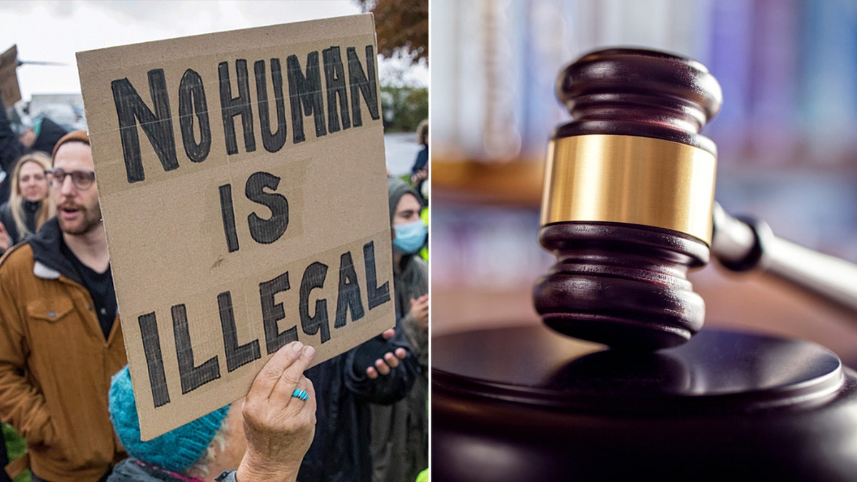 A "Kein Mensch ist illegal" Schild neben einem Richterhammer