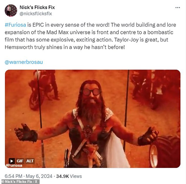 Nicks Flix Fix twitterte: „#Furiosa ist im wahrsten Sinne des Wortes EPISCH!“  Der Aufbau der Welt und die Erweiterung der Geschichte des Mad-Max-Universums stehen im Mittelpunkt eines bombastischen Films mit explosiver, aufregender Action.