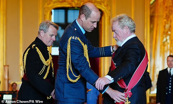 Sir Ridley Scott, from Los Angeles, Director and Producer, is made a Knight Grand Cross of the Order of the British Empire by the Prince of Wales at Windsor Castle. The honour recognises services to the UK film industry.   Picture date: Wednesday May 8, 2024. PA Photo. See PA story ROYAL Investiture. Photo credit should read: Aaron Chown/PA Wire