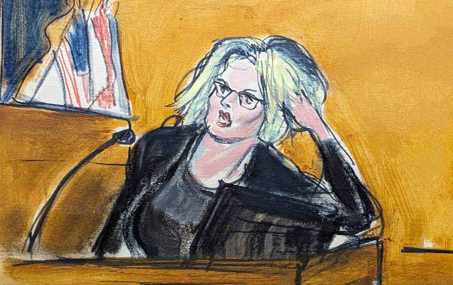 Eine Gerichtsskizze von Stormy Daniels im Zeugenstand, auf ihren linken Arm gestützt, mit dem Richter im Hintergrund.