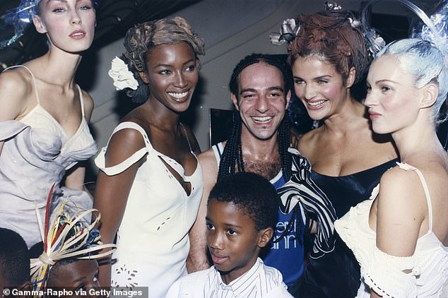 John Galliano pictured with Naomi Campbell, Helena Christensen and Kate Moss in Paris on October 15, 1996