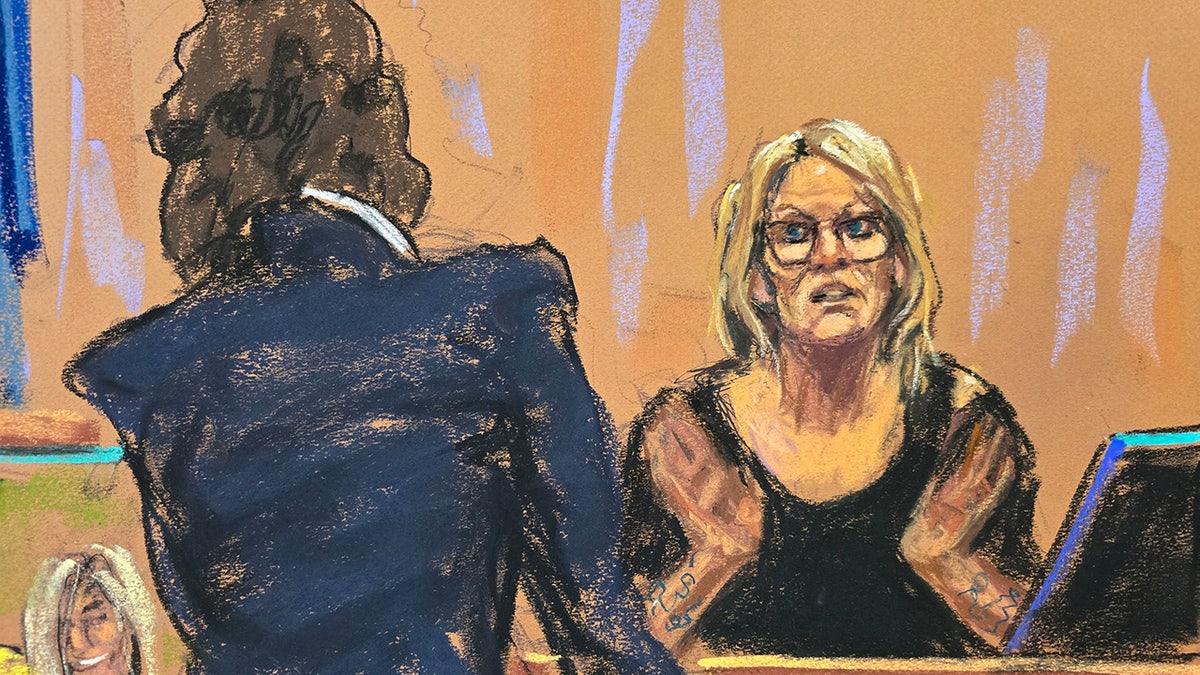 Stormy Daniels wird in einer Skizze im Zeugenstand vor Gericht gezeigt
