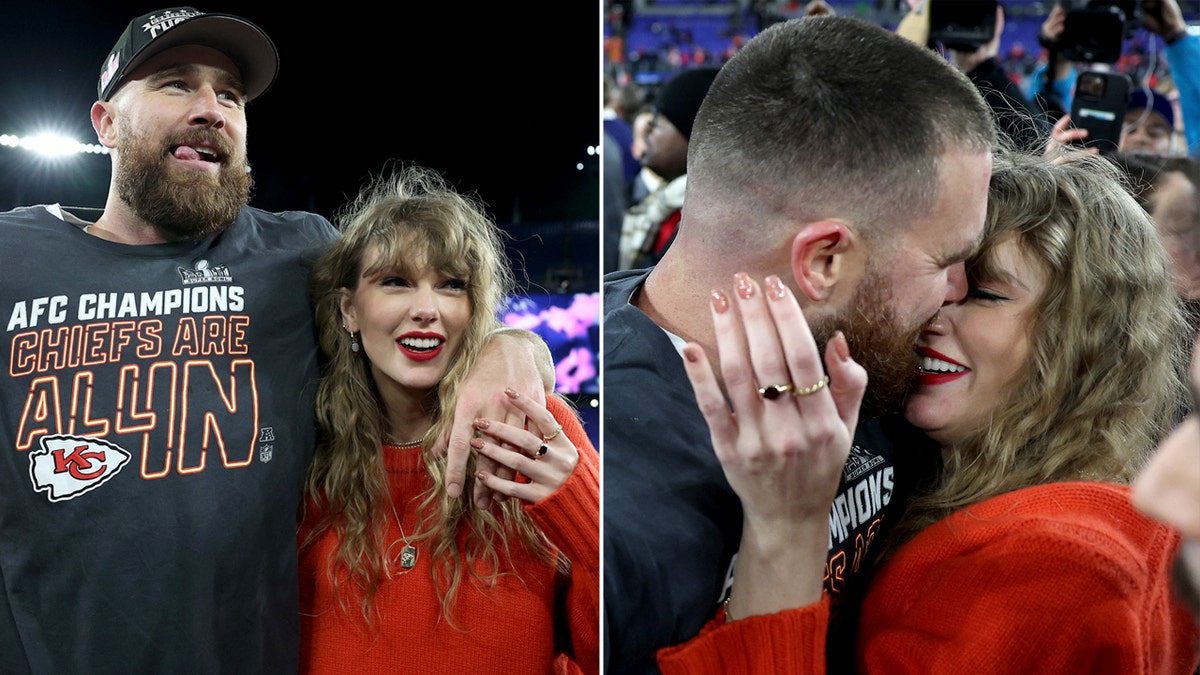 Taylor Swift und Travis Kelce umarmen sich nach dem Spiel der Kansas City Chiefs