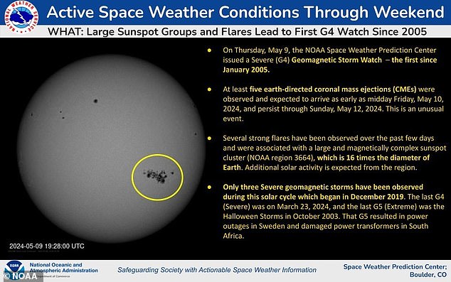 Die NOAA gab am späten Donnerstagabend eine schwere geomagnetische Sturmwarnung (G4) heraus und stellte fest, dass ein großer Sonnenfleckenhaufen seit Mittwoch um 5 Uhr ET mehrere mäßige bis starke Sonneneruptionen verursacht hatte
