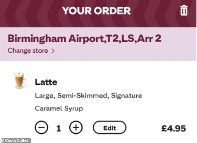 Die regionale Preisgestaltung kommt ins Spiel;  Ein großer Latte Macchiato mit einem Schuss Sirup kostet im Costa Coffee-Outlet am Flughafen Birmingham 4,95 £