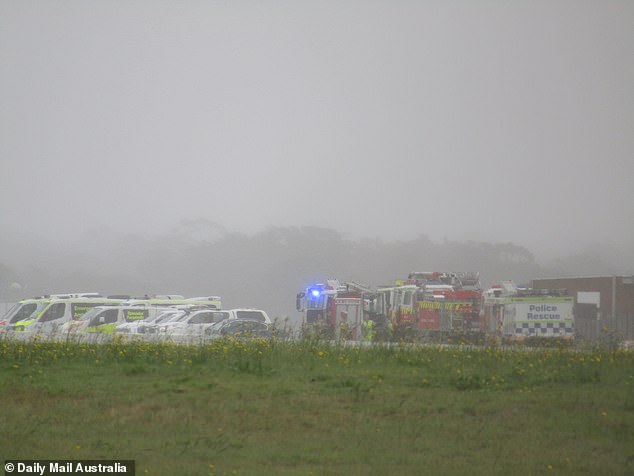 Über ein Dutzend Einsatzkräfte, darunter auch Feuerwehrfahrzeuge, warten auf der Landebahn, während im angrenzenden Williamtown RAAF-Stützpunkt ein Operationsraum eingerichtet wurde