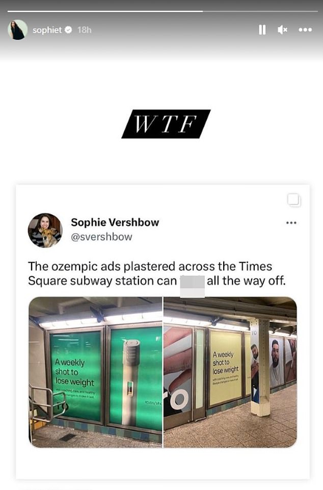 Kürzlich hat sie in ihrer Story auch Ozempic-Werbespots zur Gewichtsreduktion in der New Yorker U-Bahn-Station kritisiert