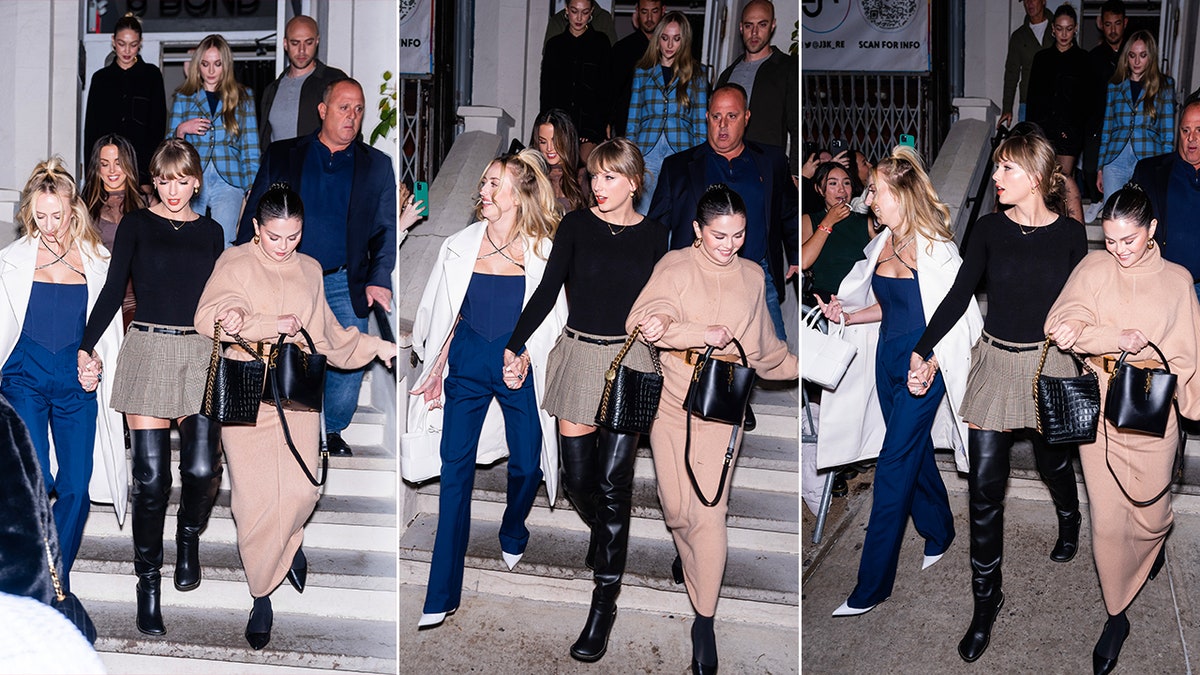 Fotoserie, auf der Taylor Swift Brittany Mahomes (deren Hand sie hält) und Selena Gomez führt, deren Arm mit ihrem verbunden ist, weg von der Menge der Fans, während Sophie Turner und Gigi Hadid ihr folgen