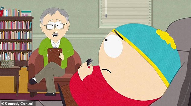 Als ein Therapeut (links) es wagte, sich in der Episode „TMI“ der 15. Staffel über Cartmans Gewicht lustig zu machen, schrieb er der Frau des Psychiaters eine SMS und verwickelte ihn in eine Affäre mit einem 14-jährigen Mädchen, was zum Selbstmord der Frau führte