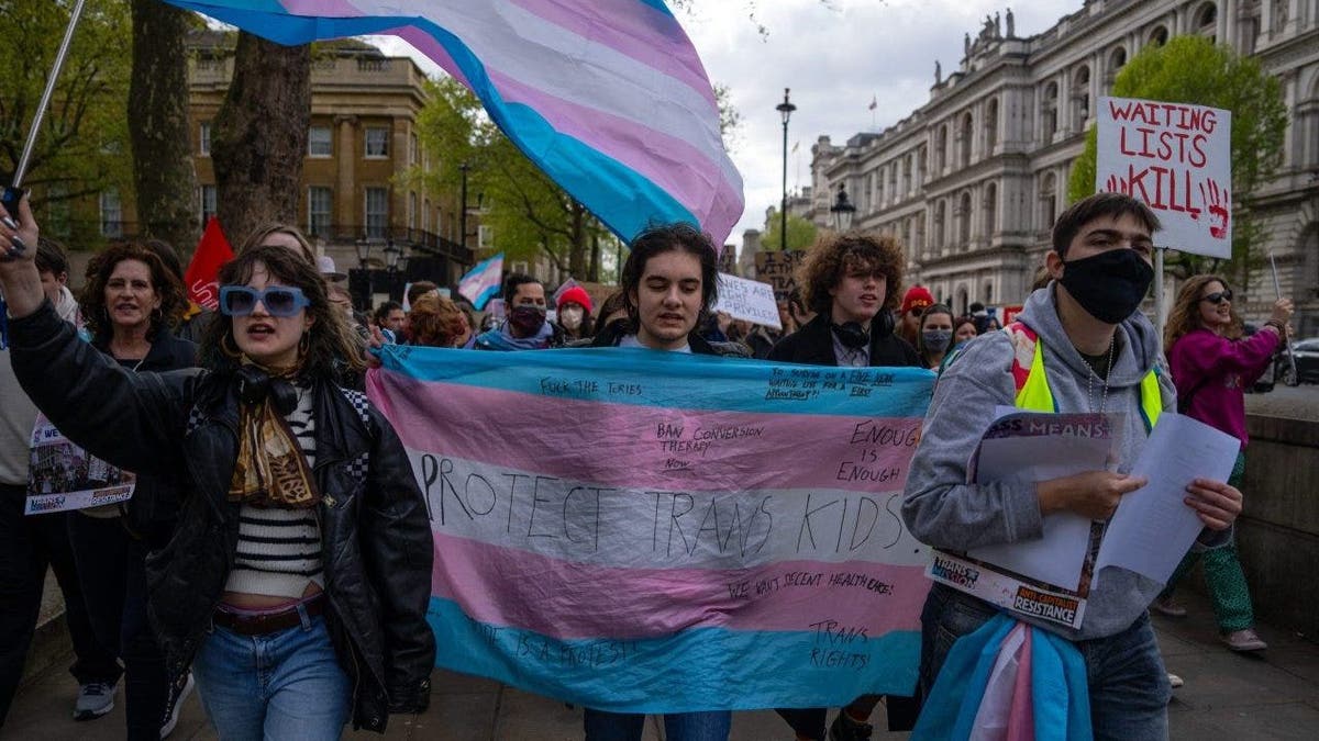 Trans-Rechte-Aktivisten nehmen an einer Protestaktion gegen das Verbot von Hormonblockern in London, England, teil.