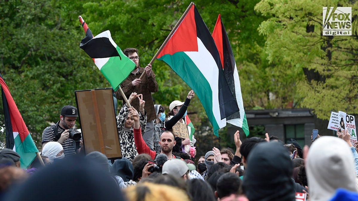 Antiisraelische Demonstranten versammeln sich in der Nähe des Washington Square Park in New York City
