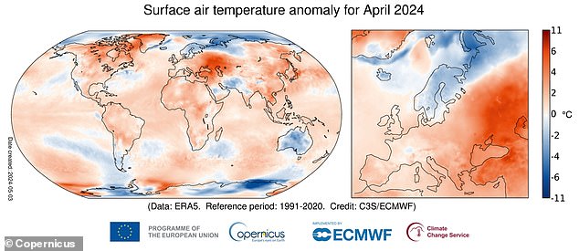 Die Oberflächenlufttemperatur lag in diesem Monat bei 15,03 °C – 0,67 °C über dem Durchschnittswert für April 1991–2020 und 0,14 °C über dem vorherigen Höchstwert vom April 2016