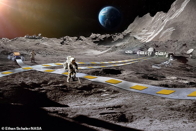 Die NASA will auf dem Mond eine Eisenbahn bauen, bei der schwimmende Roboter Materialien entlang einer flexiblen Schiene transportieren (Künstlerdarstellung, abgebildet).  Diese Schiene würde Komponenten enthalten, um die Roboter magnetisch anzuheben und mit elektromagnetischem Antrieb voranzutreiben