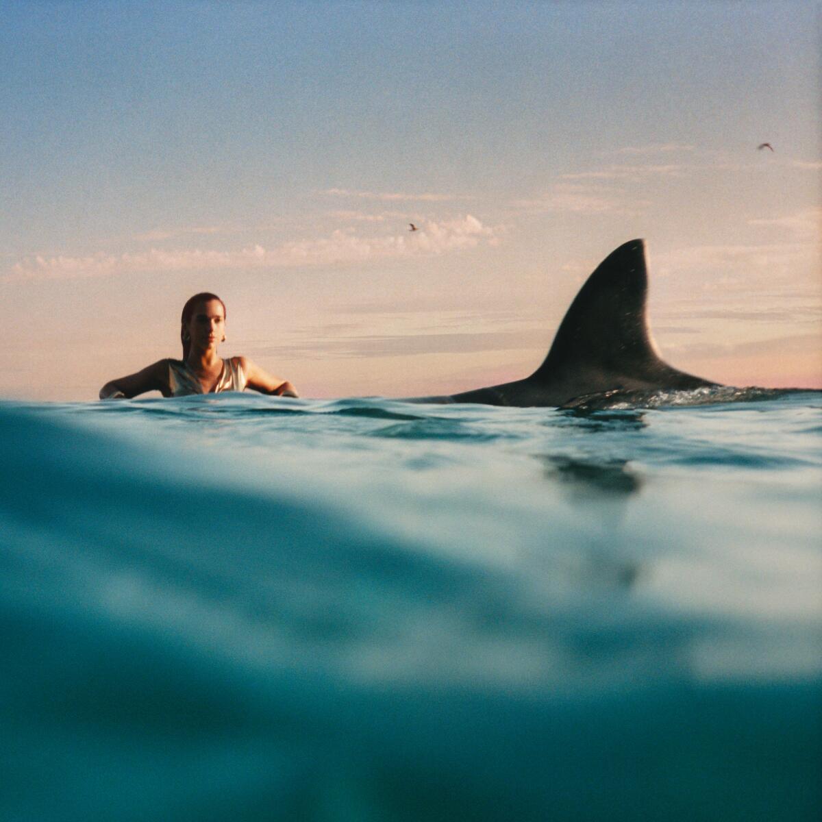 Eine Frau in einiger Entfernung im Meer, neben einer großen Haifischflosse