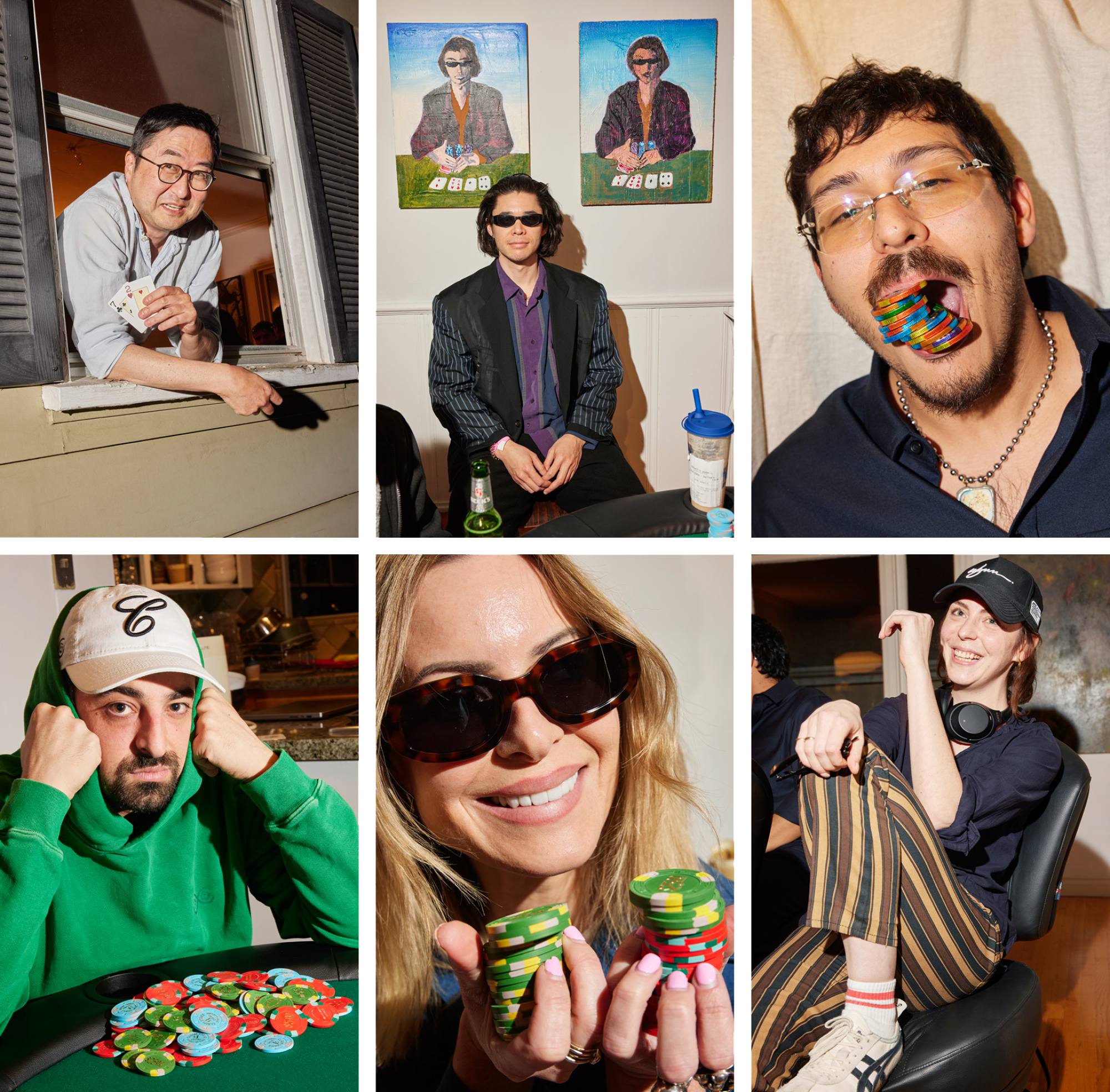 Eine Collage aus sechs Porträts von Pokerspielern, die auch in der Kunstwelt tätig sind.