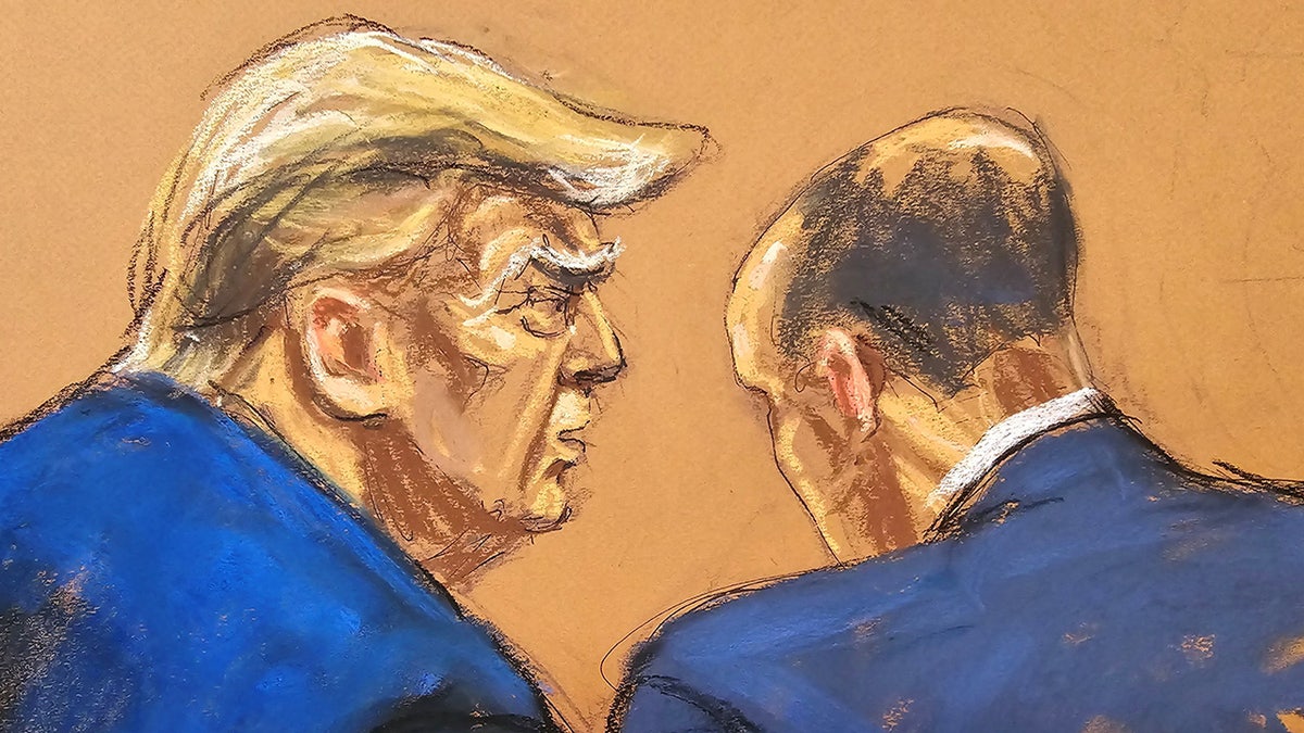 Der ehemalige Präsident Donald Trump unterhält sich mit einem Anwalt in einer Gerichtsskizze