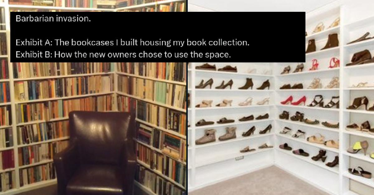 Neue Hausbesitzer stellen Schuhe in Bücherregale