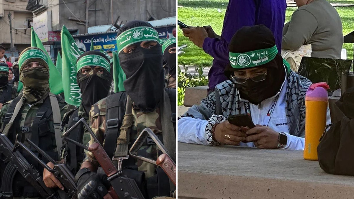 Hamas-Kämpfer und ein Mann mit Hamas-Stirnband