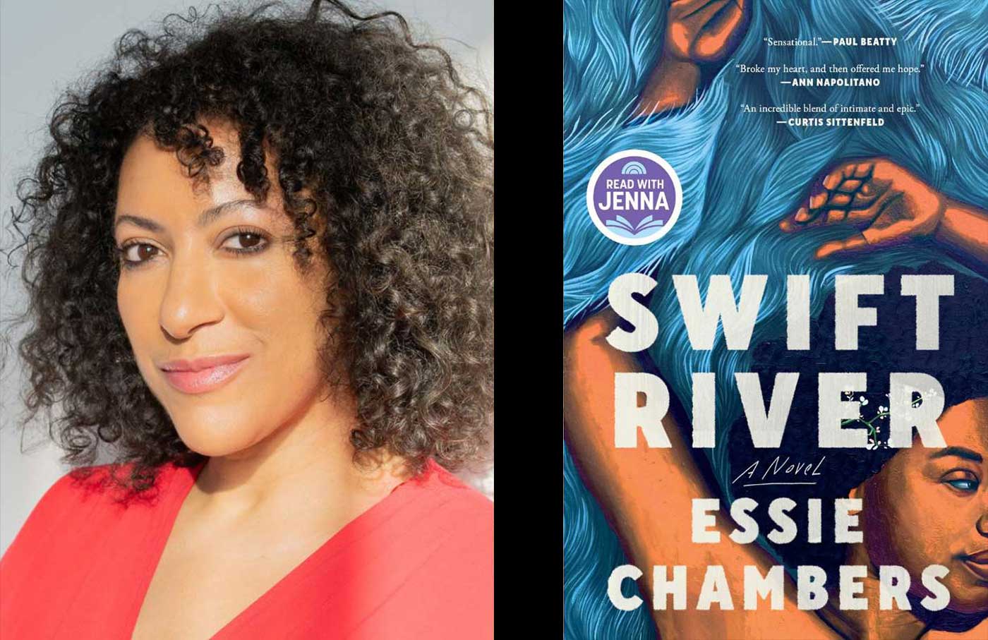 Ein Splitscreen-Bild eines Porträtfotos der Autorin Essie Chambers neben dem Cover ihres Debütromans „Swift River“.