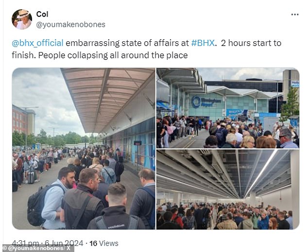 One customer posted: '@bhx_official embarassing state of affairs at #BHX. 2 hours start to finish. People collapsing all around the place