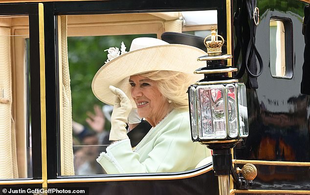 Queen Camilla leaves Buckingham Palace during Trooping the Colour in London today