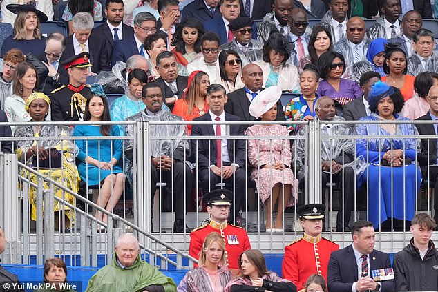 Prime Minister Rishi Sunak (centre) and his wife Akshata Murty (centre right) during the Trooping the Colour ceremony at Horse Guards Parade in London this morning