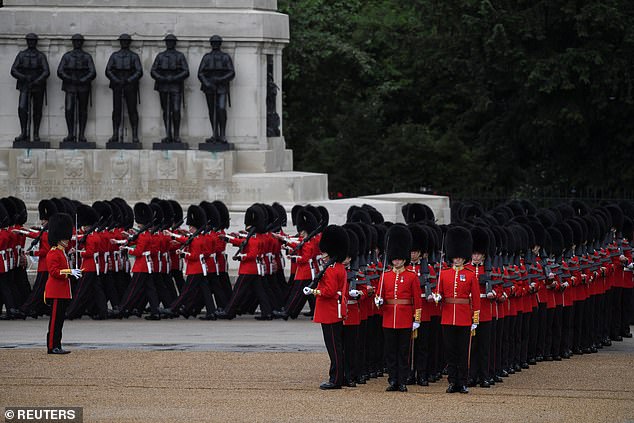 The King's Guard assemble for the Trooping the Colour parade in London this morning