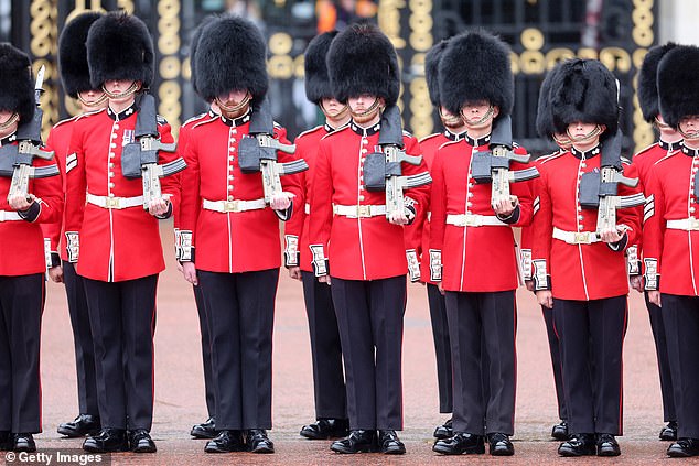 Soldiers during Trooping the Colour at Buckingham Palace in London this morning