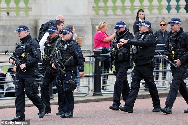 A team of police officers on patrol in London this morning ahead of Trooping The Colour