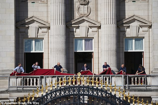 Preparations on the Buckingham Palace balcony this morning before Trooping The Colour
