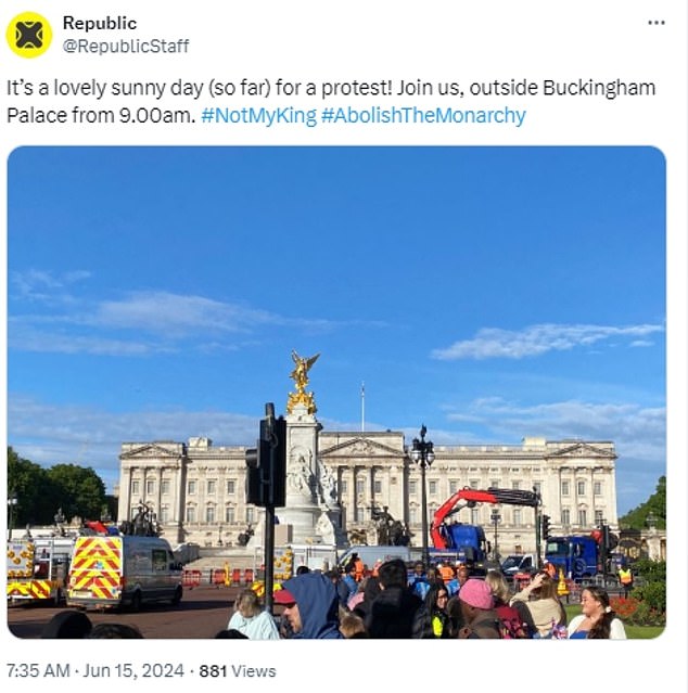 Republic demonstrators said in a post on X today: 'It’s a lovely sunny day (so far) for a protest!'