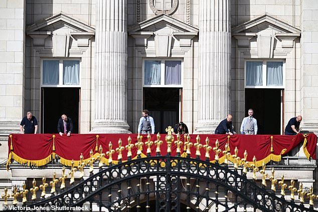 Preparations on the Buckingham Palace balcony this morning before Trooping The Colour