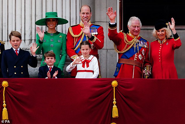 2023 -- (From left) Prince George, Kate, Prince Louis, Prince William, Princess Charlotte, King Charles and Queen Camilla at Buckingham Palace for Trooping the Colour on June 17, 2023