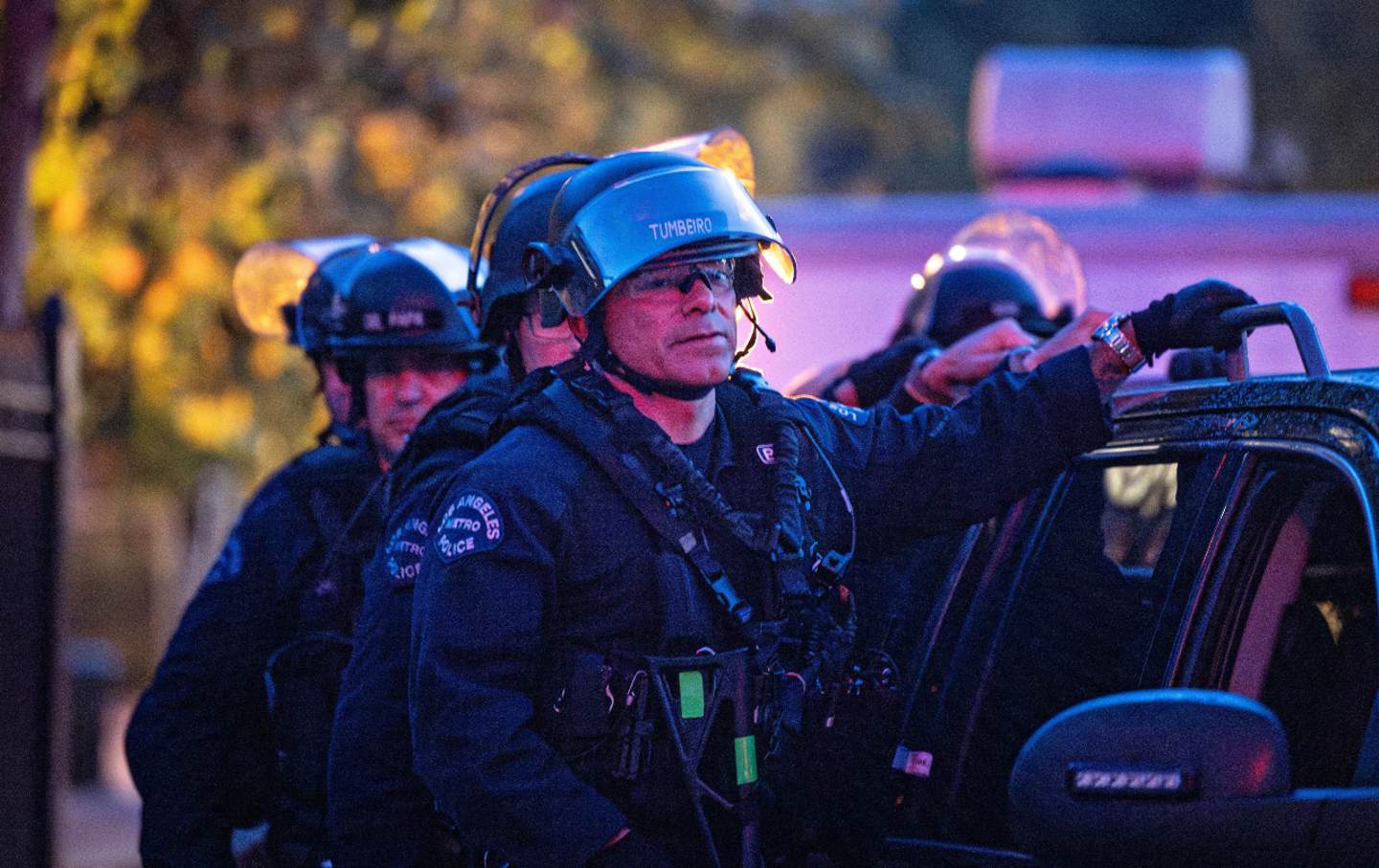 LAPD officers leave the University of Southern California after clearing an encampment on May 5, 2024.