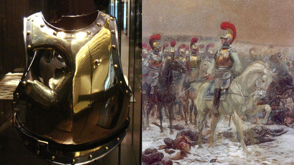 The bullet-ridden tank.  The painting shows the Carabiniers-à-Cheval in Russia.