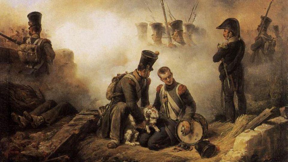 The Regiment's Dog Wounded - contemporary painting by Emile Jean Horace Vernet