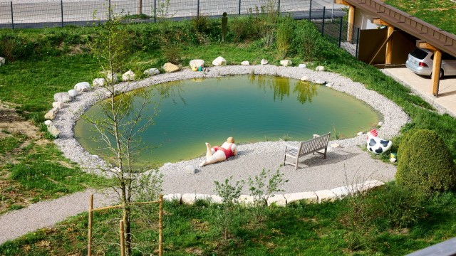 Tourism in Bad Tölz: Koi and goldfish swim in the pond in front of the hotel - one for each employee.