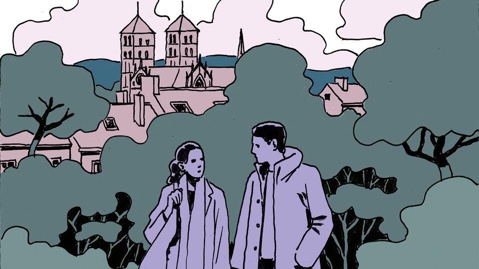 End of loneliness - Illustration shows a young man and a young woman walking in nature
