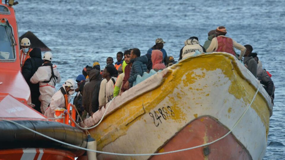 Spain, Santa Cruz de Tenerife: A boat with 156 people on board arrives at the La Restinga pier